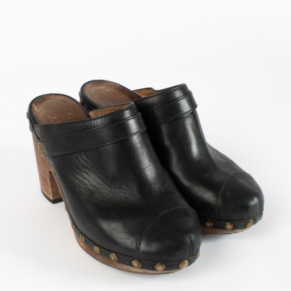 Chanel 2010 Black CC Logo Studded Leather Platform Clogs - Size 38 1/2