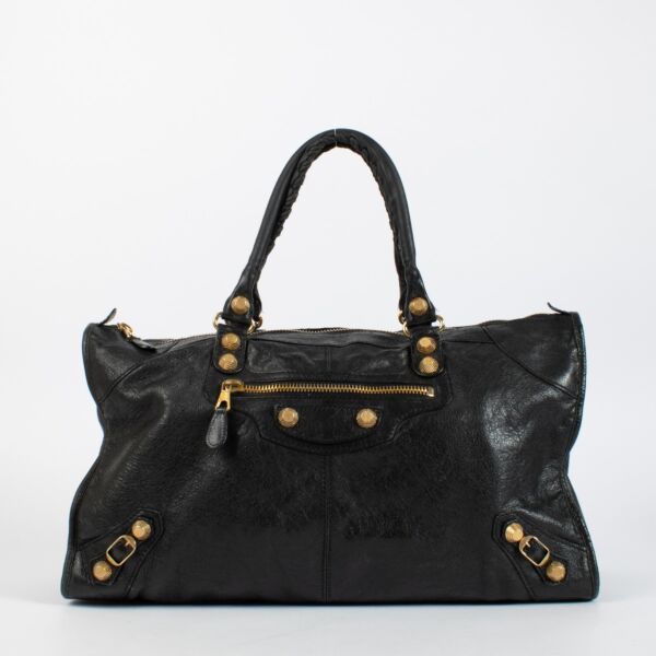 Balenciaga Black Work Bag with Giant Gold Hardware. An iconic Balenciaga design in soft distressed leather and very good pre-loved condition.
