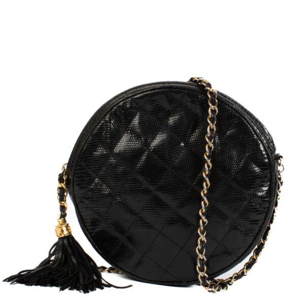 Chanel Black Shiny Lizard Vintage Round Bag