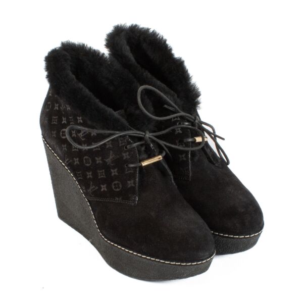 Louis Vuitton Black Monogram Suede Fur Boots - size 38