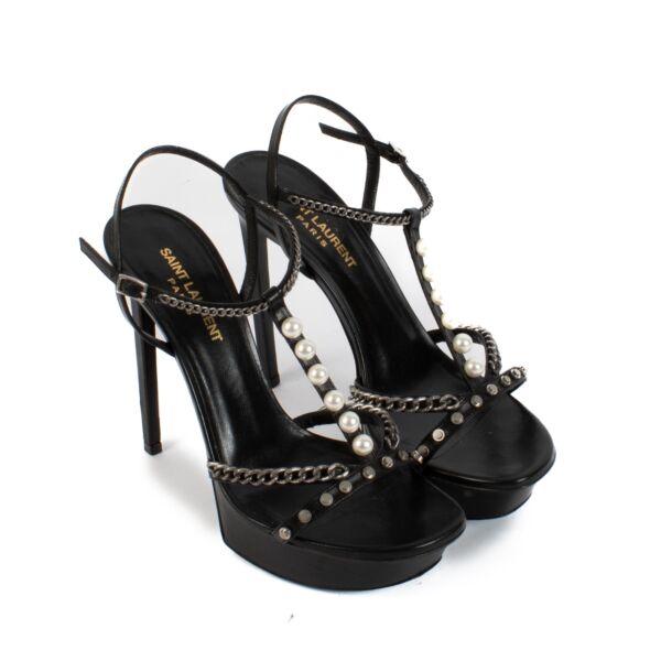 Saint Laurent Black Leather Pearl and Chain Heels - Size 38,5 