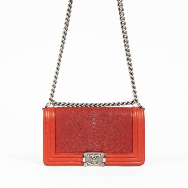 Shop this authentic Chanel Red Galuchat Medium Boy Chanel Bag pre-loved on Labellov.com 