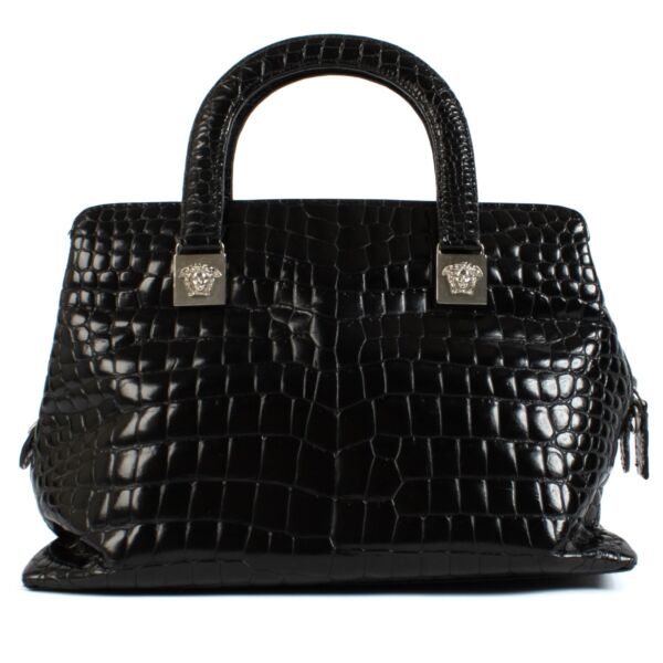 Gianni Versace Vintage Black Crocodile Embossed Medusa Tote Bag