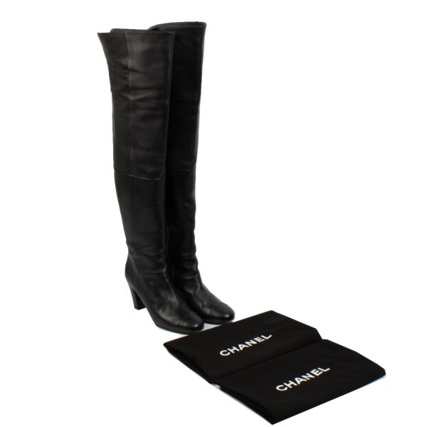Chanel Black Leather Over the Knee Boots - Size 39 