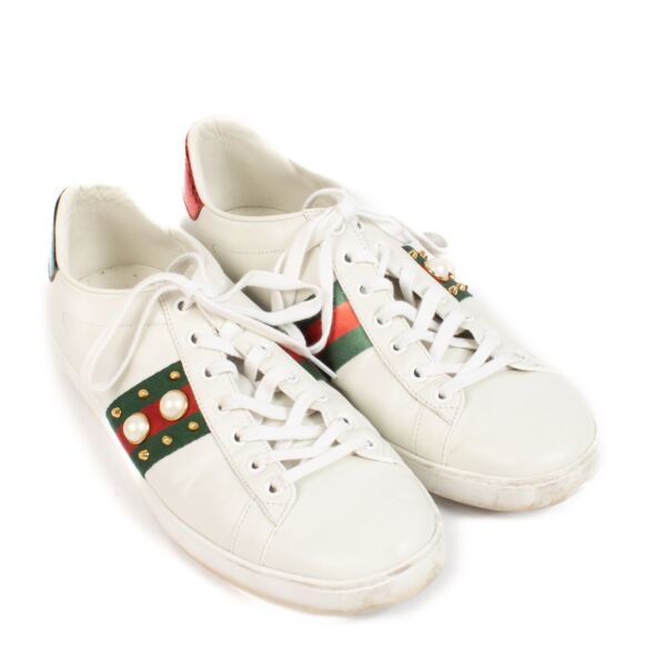 Gucci White Pearl Studded Web Ace Sneakers - size 40.5