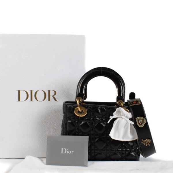 Christian Dior Black Crinkled Cannage Lucky Badges Small Lady Dior Bag