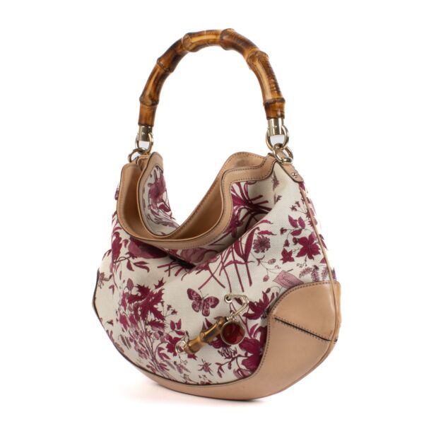 Gucci White Flora Canvas Peggy Bamboo Top Handle Bag