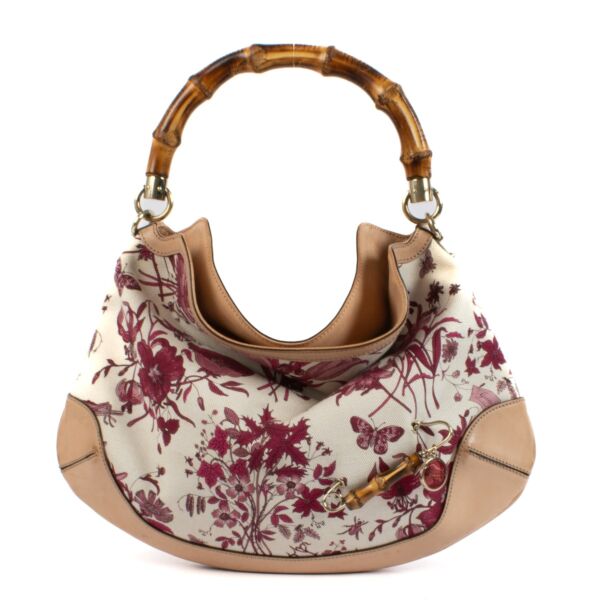 Gucci White Flora Canvas Peggy Bamboo Top Handle Bag