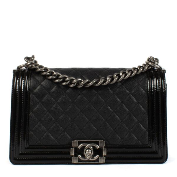 Chanel Black Calfskin and Patent Leather Medium Boy Bag