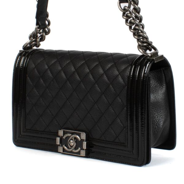 Chanel Black Calfskin and Patent Leather Medium Boy Bag