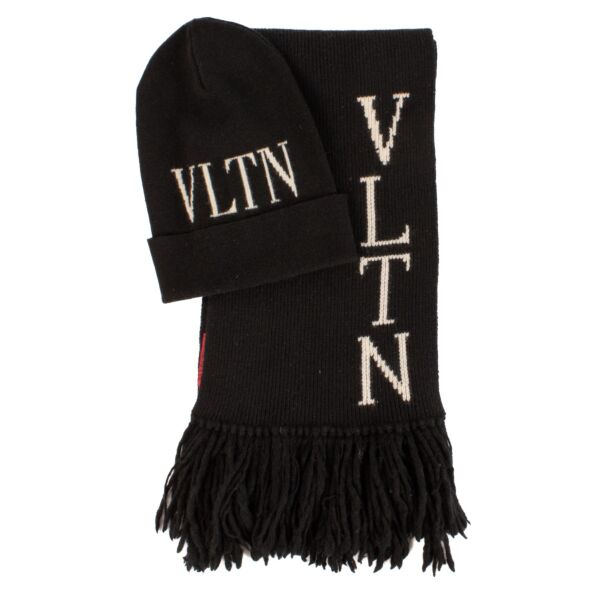 Valentino Black Cashmere Blend VLTN Beanie/Scarf Set