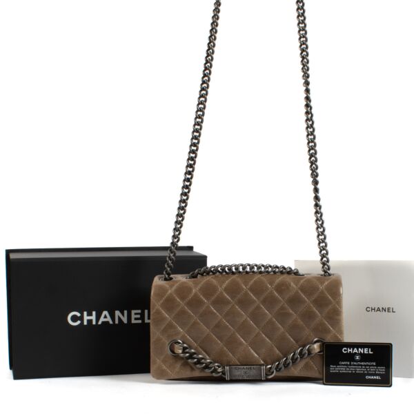 Chanel Taupe Glazed Calfskin Logo Plaque Flap Chain Bag