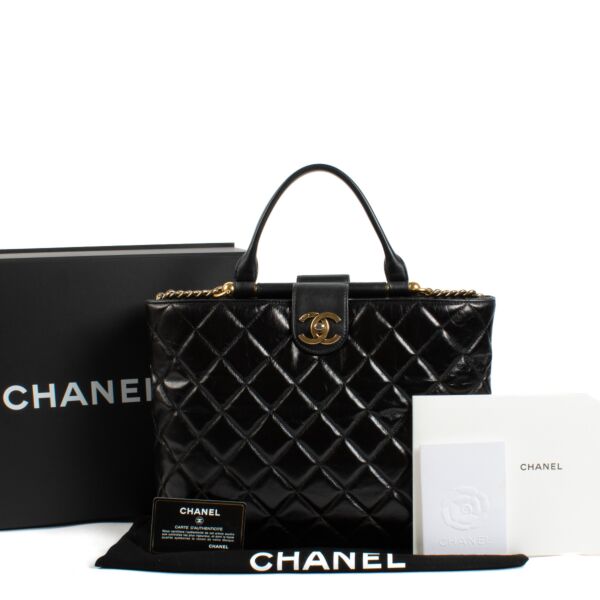 Chanel Quilted Glazed Calfskin Gold Bar Shopping Tote Bag