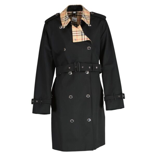 Burberry Black Check-Trim Trench Coat - Size UK10