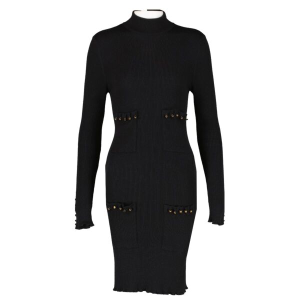 Chanel Vintage Black Knitted CC Button Midi Dress - Size FR42