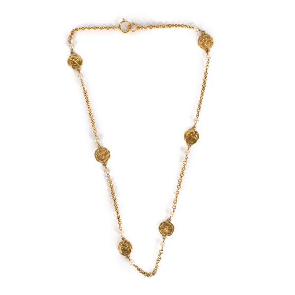 Chanel 1970s Vintage Gold-toned Metal Coin and Pearl Necklace