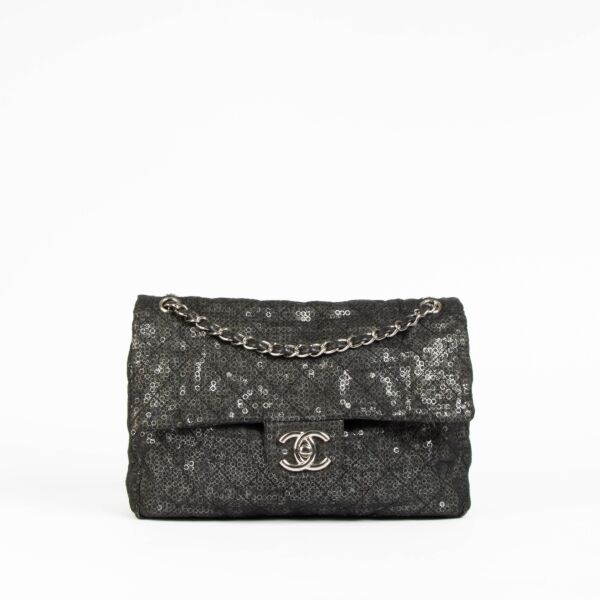 Shop this authentic Chanel Black Sequin Mesh Large Flap Bag pre-loved on Labellov.com 