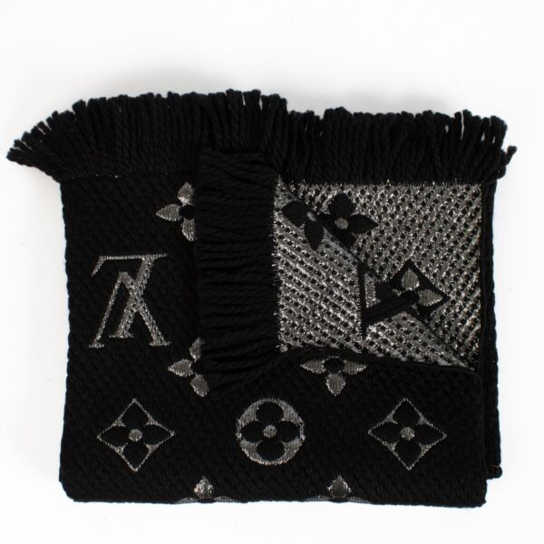 Louis Vuitton Monogram Scarf in black and silver wool-silk blend with fringed edges at Labellov.com