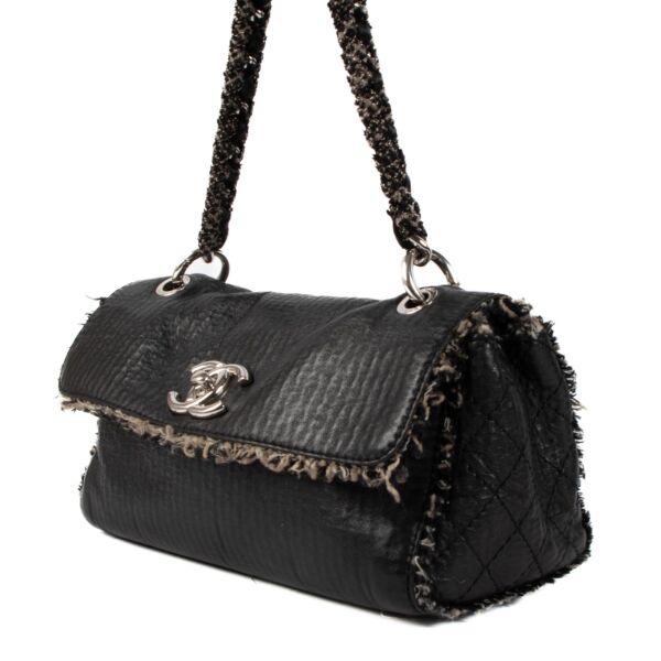 Chanel Black Leather Tweed Fringe Flap Bag