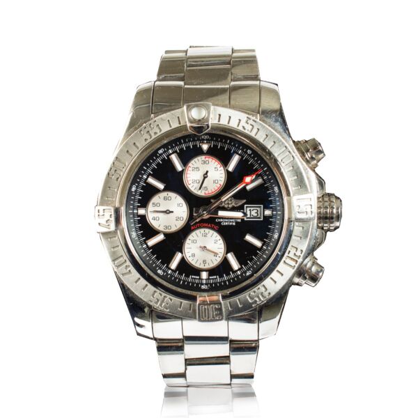 The Breitling Super Avenger II is a robust chronograph watch designed for durability and precision. It features a 48mm stainless steel case with a black dial and luminous hands for enhanced readability. Powered by a self-winding chronograph movement, it o