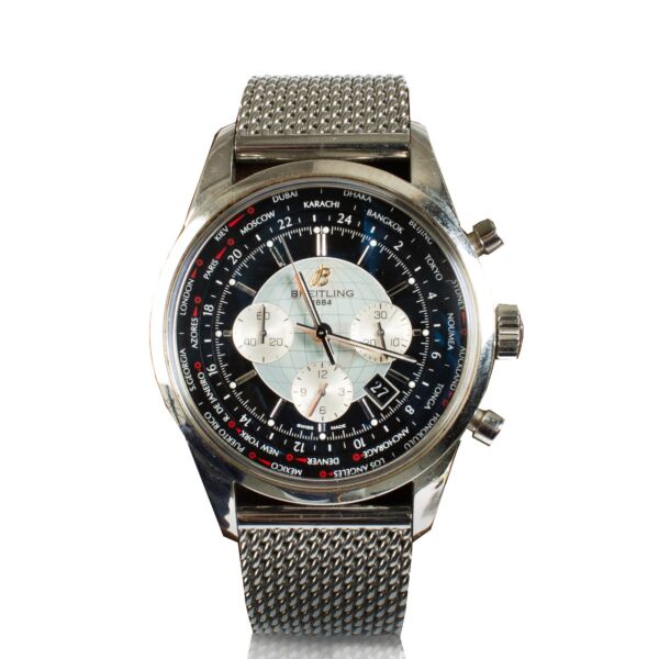 The Breitling Transocean Chronograph is a sophisticated timepiece featuring a 43mm stainless steel case, a sleek black dial, and a transparent case back. It comes complete with original booklets and a certificate of authenticity. Shop now at Labellov.