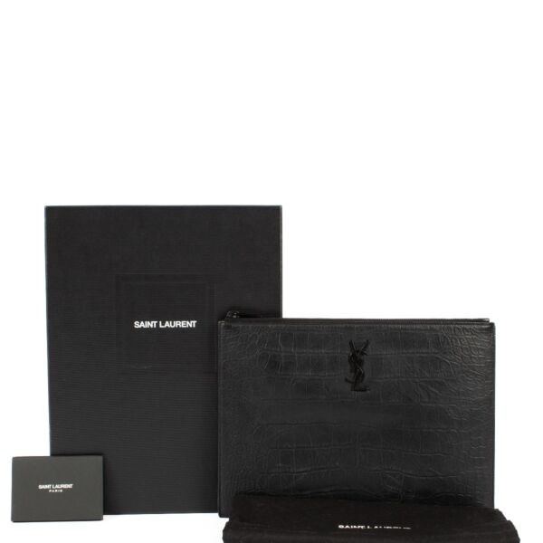 Saint Laurent So Black Croc Embossed Leather Monogram Pouch