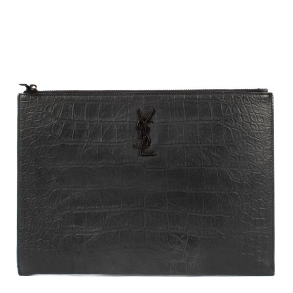 Saint Laurent So Black Croc Embossed Leather Monogram Pouch