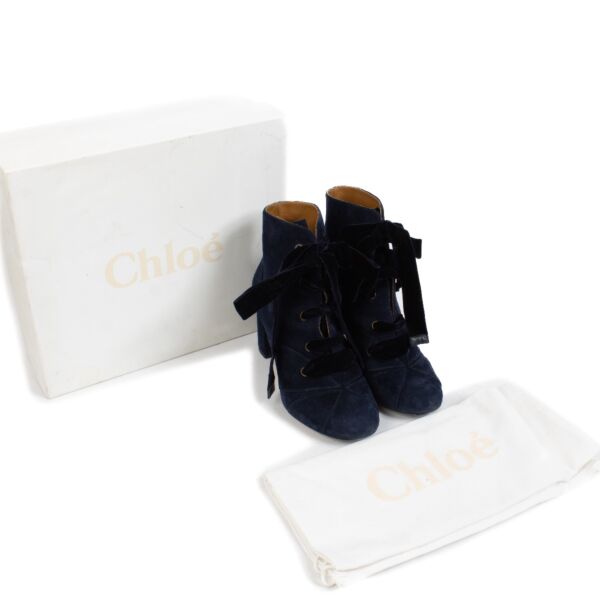 Chloé Blue Velvet Lace Up Ankle Boots - Size 38 1/2