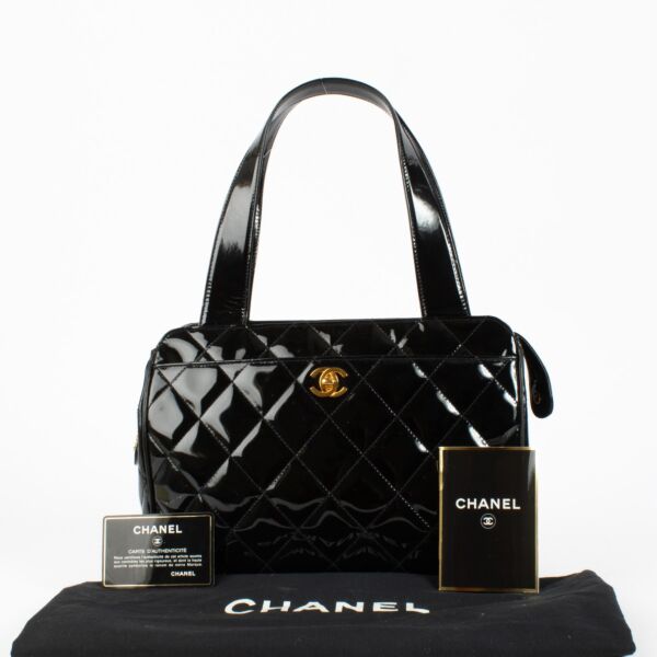 Chanel Vintage Black Quilted Patent Leather Tote Bag