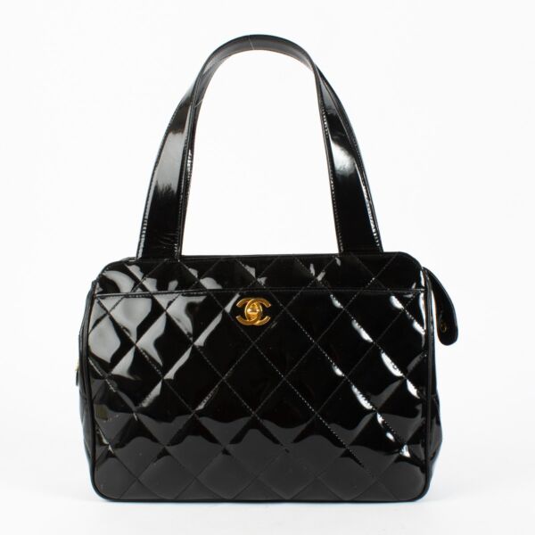 Chanel Vintage Black Quilted Patent Leather Tote Bag