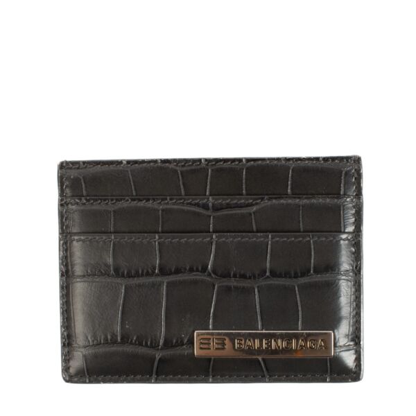 Balenciaga Grey Crocodile Embossed Logo Plate Card Holder
