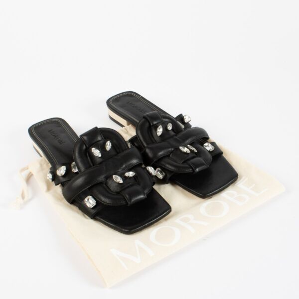 Morobé Black Leather Emilia 04 Stones Sandals - Size 39