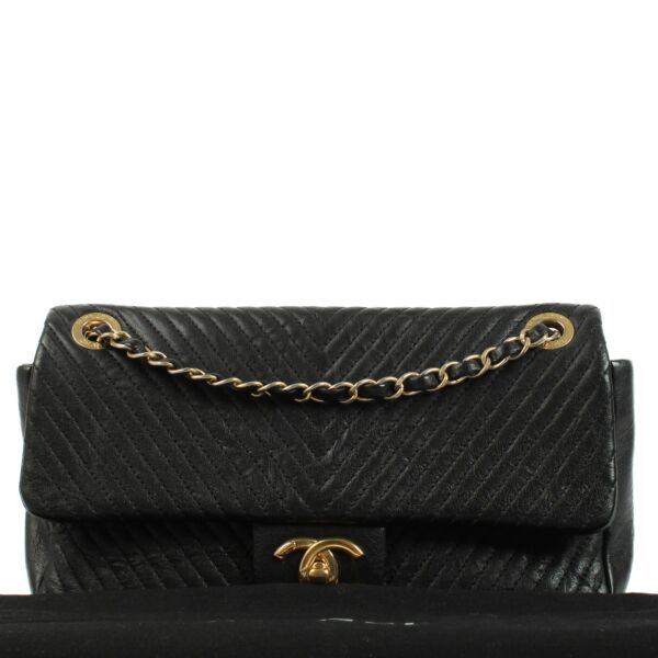 Chanel Black Chevron Crumpled Goatskin Medium Flap Bag