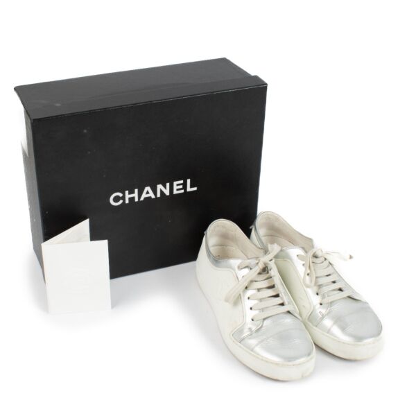 Chanel 17P White Rubber/Silver Leather CC Lace Up Sneakers - Size 37.5