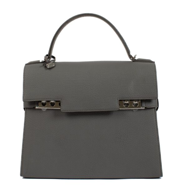 Delvaux Stone Crispy Calf Tempête MM bag in premium crispy calf leather, featuring a sophisticated stone hue, modern design, and versatile size with dust bag and extra strap. Shop now on Labellov.com.