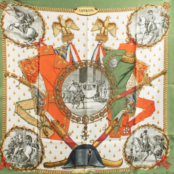 Hermès Jacquard Green Napoléon Carré 90 Silk Scarf