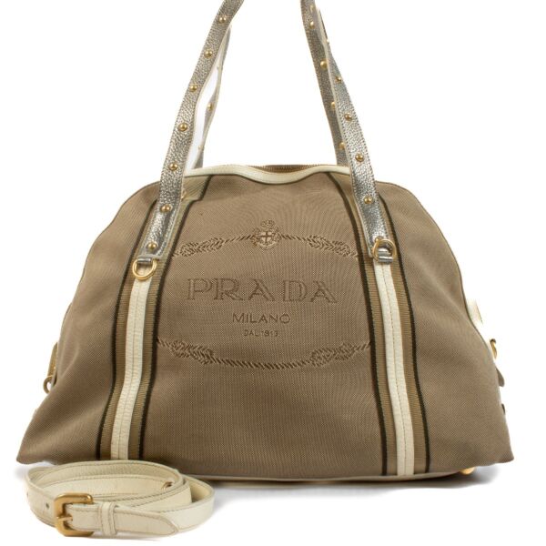Prada Beige Logo Jacquard Top Handle Bag