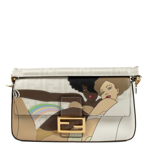 The Fendi FF Bikini Girls Baguette Bag combines iconic FF monogram canvas with a playful illustration, gold-tone hardware, and a detachable shoulder strap for a chic, versatile look. Shop now on Labellov.com.