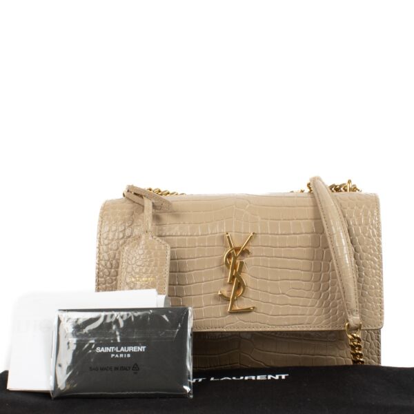 Saint Laurent Beige Crocodile Embossed Medium Sunset Bag