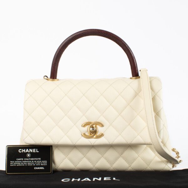 Chanel Cream and Burgundy Lizard Large Coco Top Handle Bag