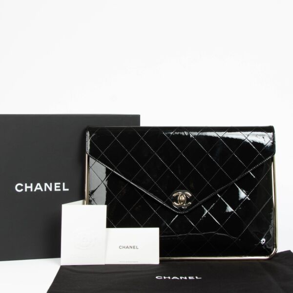 Chanel Black Patent Leather Metal Frame Large Clutch
