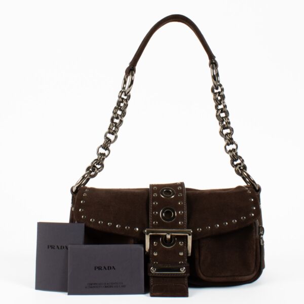 Prada Brown Suede Mini Studded Baguette Bag