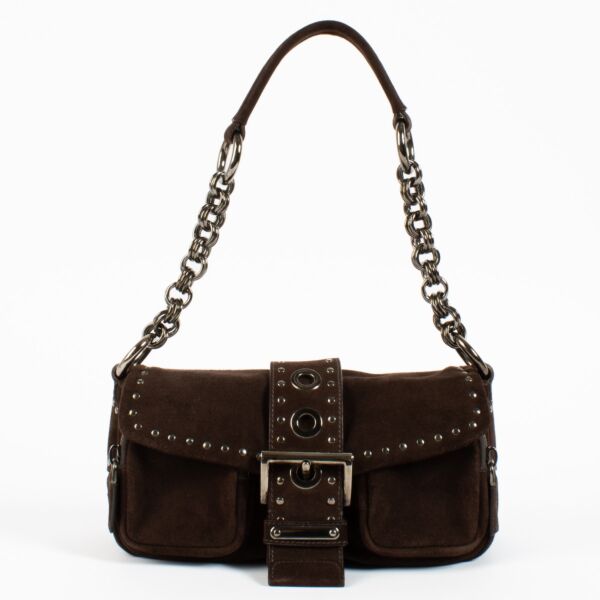Shop safe online at Labellov in Antwerp and Knokke this 100% authentic second hand Prada Brown Suede Mini Studded Baguette Bag