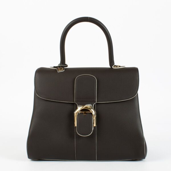 Authentic Delvaux Brillant MM in Ebène Box Calf leather a timeless luxury handbag in excellent condition at Labellov.com.