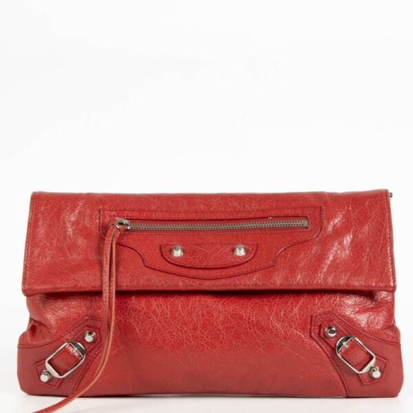authentic preloved Balenciaga Red Lambskin Motorcross Classic Clutch on Labellov.com