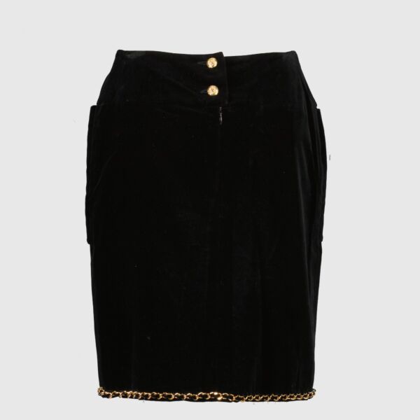 Chanel Vintage Chain Black Velvet Skirt - Size FR40