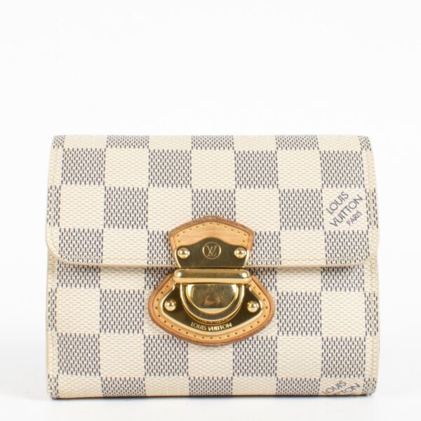 Louis Vuitton Joey Wallet in Damier Azur coated canvas with snap closure and organised interior compartments.