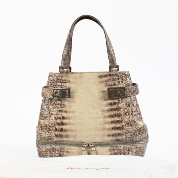Salvatore Ferragamo Double Gancini Side Buckle Tote Crocodile Embossed Leather
