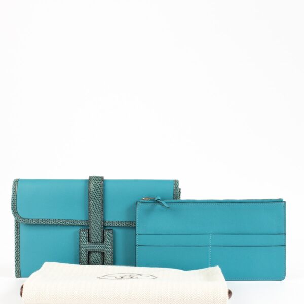 Hermès Jige Duo Wallet Bleu Paon Swift/Lizard