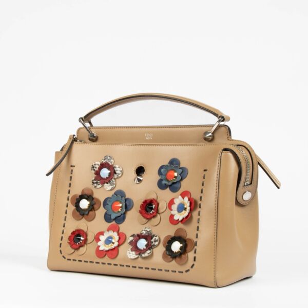 Fendi Beige Leather Dot Com Flower Applique Crossbody Bag